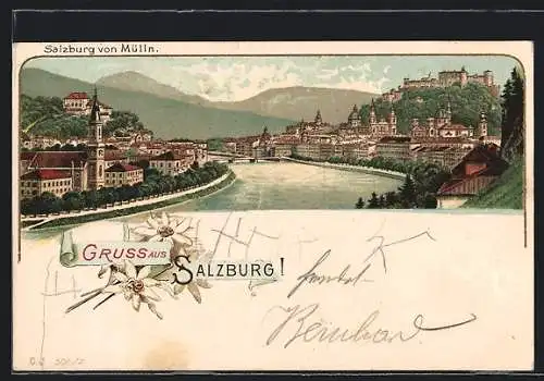 Lithographie Salzburg, Ortsansicht von Mülln, Edelweiss