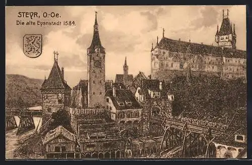 Künstler-AK Steyr /O.-Oe, Blick zum Schloss, Wappen