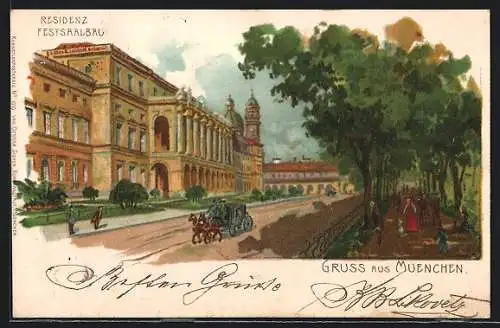 Lithographie München, Strassenpartie am Residenz Festsaalbau