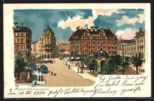 Lithographie München, Karlsplatz mit Strassenbahn