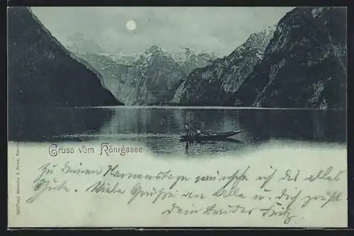 Mondschein-AK Königssee / Berchtesgaden, Teilansicht mit Boot und Bergen