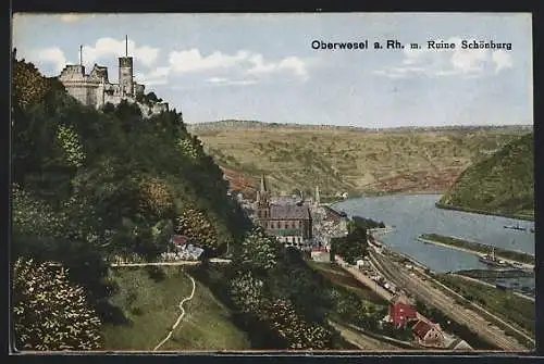 AK Oberwesel a. Rh., Panorama mit Ruine Schönburg