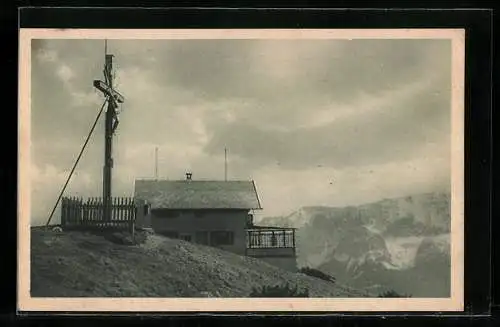 AK Wankhaus, Berghütte bei Partenkirchen, Blick zum Gipfelkreuz