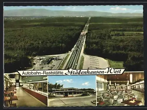 AK Gräfenhausen-West, Autobahn-Raststätte, Aussen- und Innenansicht