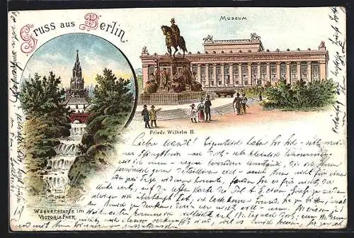 Lithographie Berlin-Kreuzberg, Wassersturz im Victoria Park, Museum, Denkmal Friedrich Wilhelm III.