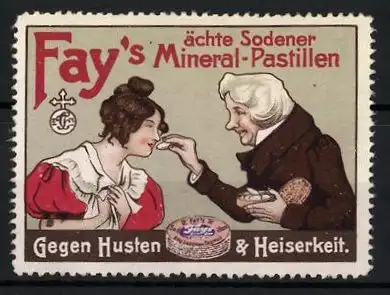 Reklamemarke Fay's ächte Sodener Mineral-Pastillen, gegen Husten und Heiserkeit, Verkäuferin mit Kundin, Dose