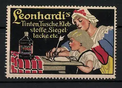 Reklamemarke Leonhardi's Tinten, Tusche, Klebstoffe und Siegellacke, Mutter & Mädchen bei Schularbeiten