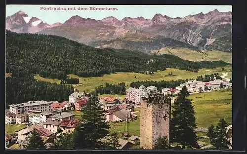 AK Pontresina, Ortschaft mit dem Römerturm