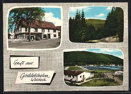 AK Goddelsheim, Gasthof und Pension Karl Knipp, Schwimmbad, Panorama