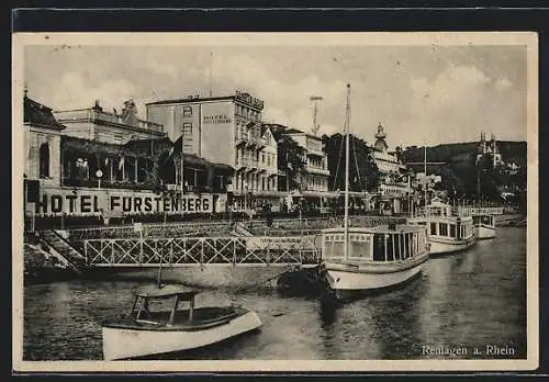 AK Remagen, Hotel Fürstenberg, Schiffe an Anlegestelle