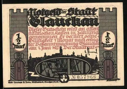 Notgeld Glauchau 1921, 1 /2 Mark, Ordnungshüter verfolgt Dieb mit Wurst auf dem Rücken