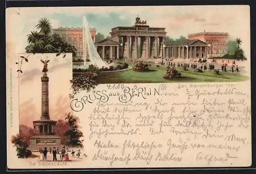 Lithographie Berlin, Pariser Platz mit Brandenburger Thor, Siegessäule