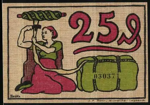 Notgeld Blumenthal i. H. 1921, 25 Pfennig, Arbeiter vor Krähnen, Arbeiterin beim Kämmen von Fasern
