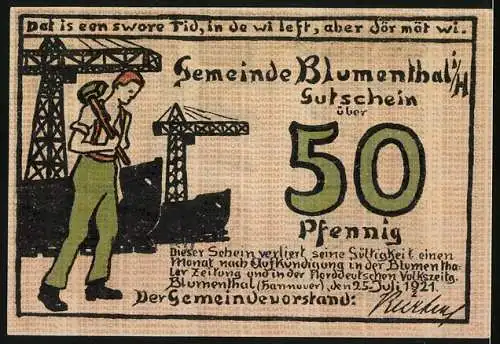 Notgeld Blumenthal i. H. 1921, 50 Pfennig, Arbeiter vor Krähnen, Arbeiterin beim Kämmen von Fasern