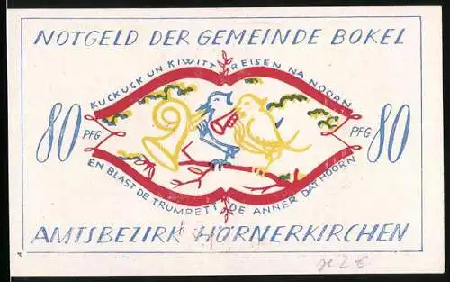 Notgeld Bokel /Bezirk Hörnerkirchen 1921, 80 Pfennig, Vögel mit Blasinstrumenten
