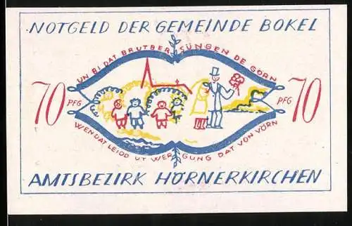 Notgeld Bokel /Bezirk Hörnerkirchen 1921, 70 Pfennig, Hochzeitspaar und singende Kinder