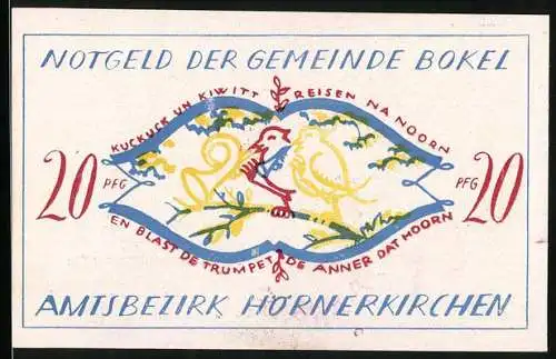 Notgeld Bokel /Bezirk Hörnerkirchen 1921, 20 Pfennig, Musizierende Vögel