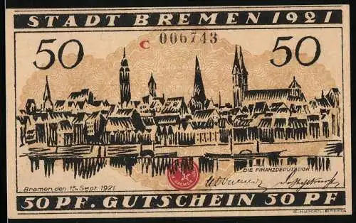 Notgeld Bremen 1921, 50 Pfennig, Stadtansicht und Arbeiter