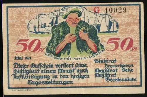 Notgeld Geestemünde 1921, 50 Pfennig, Fischer mit Tabakspfeife, Im Hintergrund Schiff und Boote