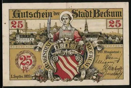 Notgeld Beckum 1920, 2 Mark, Wappen und Ratssonnenuhr