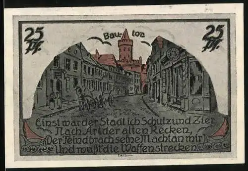 Notgeld Cammin /Pom. 1922, 25 Pfennig, Segelboot vor Ortspanorama, Strassenpartie mit Bautor