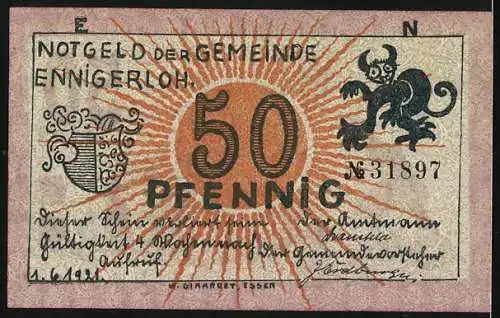 Notgeld Ennigerloh 1921, 50 Pfennig, Wappen, Drachen, Mann mit Geldkarren, Frau mit Geldmenge