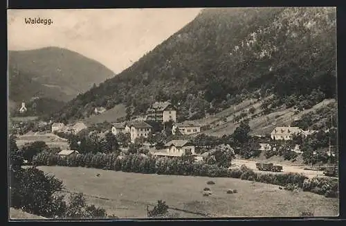 AK Waldegg, Ortsansicht mit Bahnhof aus der Vogelschau