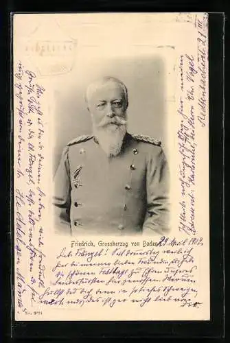 AK Friedrich, Grossherzog von Baden in schlichter Uniform mit Schulterstücken, geprägtes Passepartout mit Wappen