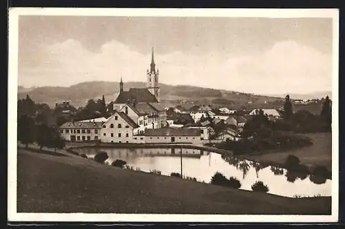 AK Rohrbach i. M., Gesamtansicht mit Teich und Bergblick aus der Vogelschau