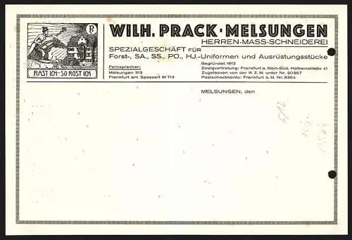 Rechnung Melsungen 1939, Wilh. Prack, Herren-Mass-Schneiderei, Hermes zu Pferde am Geschäftshaus