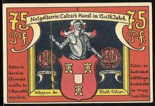 Notgeld Calcar 1922, 75 Pfennig, Ritter mit Stadtwappen