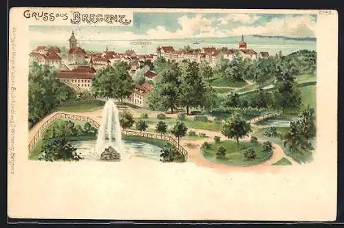 Lithographie Bregenz, Ortsansicht mit Park und Springbrunnen