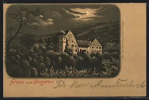Mondschein-Lithographie Bregenz, Villa mit beleuchteten Fenstern bei Nacht
