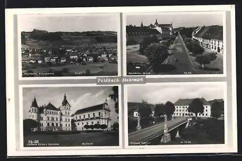 AK Feldbach, Bahnhof, Kirche u. Sparkasse, Platz