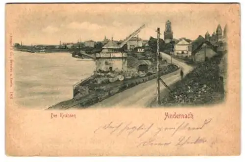 Relief-AK Andernach, Blick auf den Krahnen am Wasser