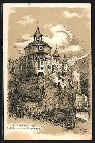 Lithographie Hohenwerfen, Veste Hohenwerfen, Glockenturm mit dem Trompetergang