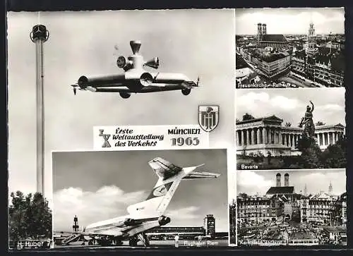 AK München, Verkehrs-Ausstellung 1965, Flughafen Riem, Bavaria, Kindl-Wappen