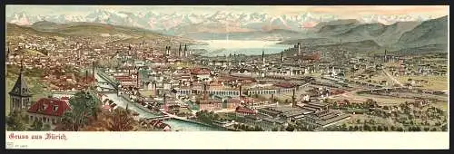 Klapp-Lithographie Zürich, Panoramablick auf Stadt, See und die Alpen