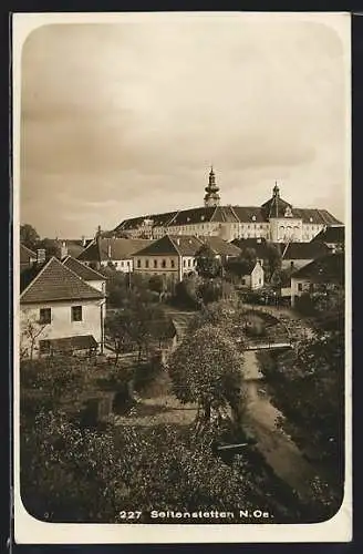 AK Seitenstetten, Ortspartie mit Brücke und Stift aus der Vogelschau