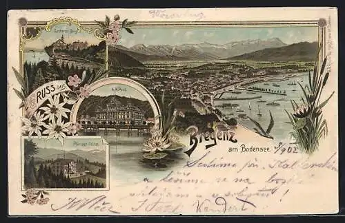 Lithographie Bregenz /Bodensee, Gesamtansicht, Post, Pfänder-Hotel