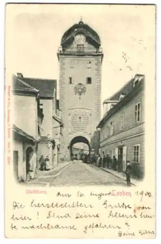 Relief-AK Leoben, Strassenpartie mit Stadtturm