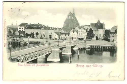 Relief-AK Elbing, Neue Brücke mit Marienkirche