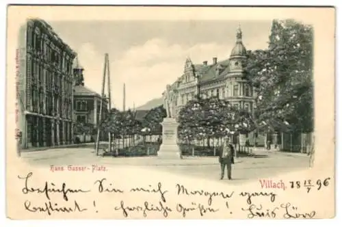 Relief-AK Villach, Hans Gasser-Platz mit Denkmal