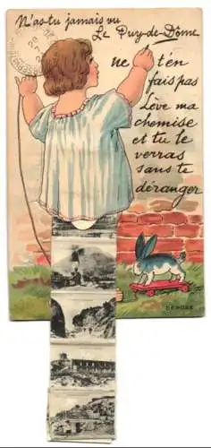 Leporello-AK Clermont-Ferrand, Ortsansicht gegen Berge, Eisenbahn vor einem Berg, Wanderer mit einem Esel