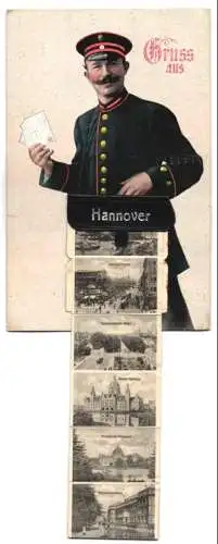 Leporello-AK Hannover, Ansichten in der Brieftasche, Ernst Augustplatz, Georgstrasse, Herrenhäuser Allee