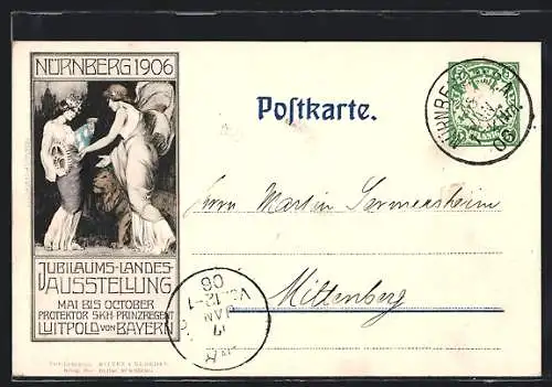 Künstler-AK Nürnberg, Jubiläums-Landes-Ausstellung 1906, Zwei Frauen mit Zahnrad, Wappen und Löwen, Ganzsache