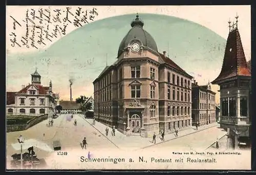 Lithographie Schwenningen a. N., Postamt mit Realanstalt