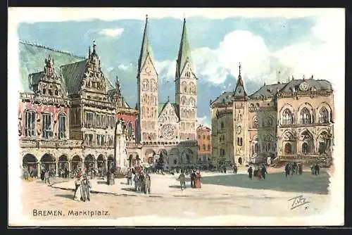 Künstler-AK Bremen / Stadt, Marktplatz