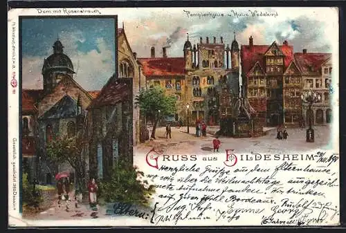 Lithographie Hildesheim, Templerhaus und Haus Wedekind, Brunnen, Dom mit Rosenstrauch