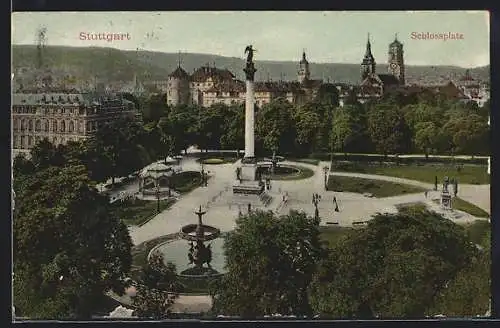 AK Stuttgart, Brunnen und Denkmal am Schlossplatz
